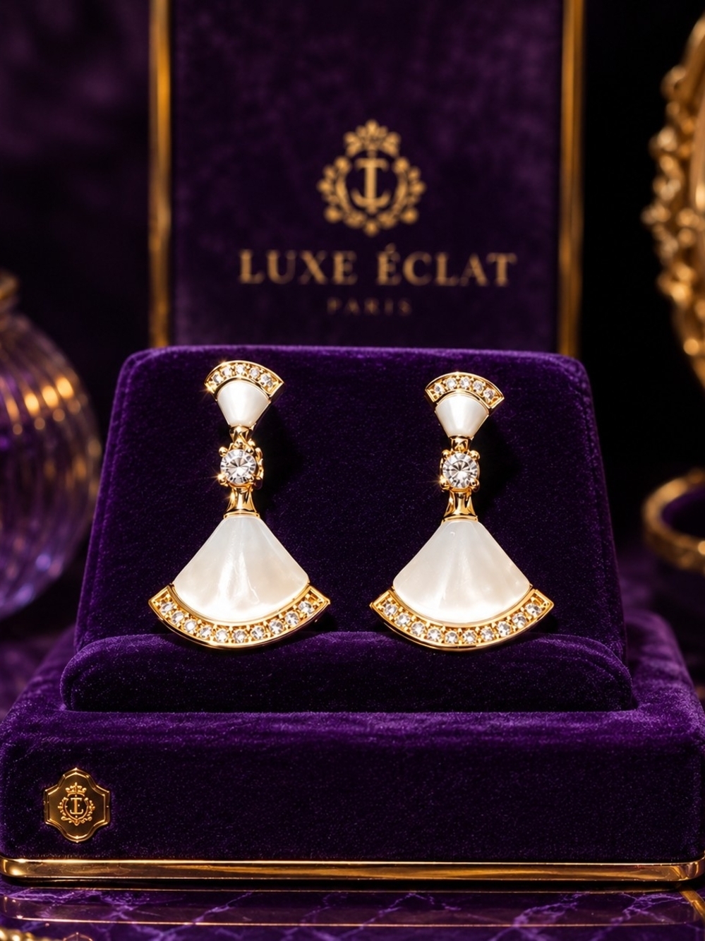 Luxury Gold and White Fan Drop Earrings with Crystal Accents